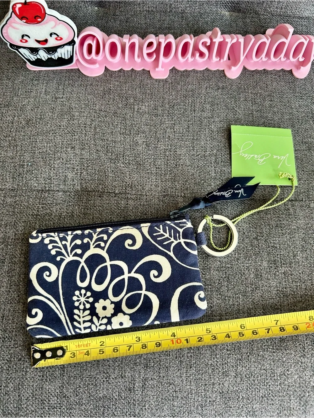 Vera Bradley Zip ID Case, Pouch, Key Ring, Twirly Birds (Retired) Navy, White